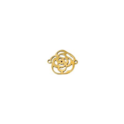 Peça dourada em forma de flor com design aberto e dois orifícios laterais.