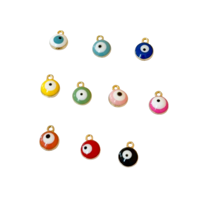 Dez pendentes redondos coloridos com padrão olho grego em fundo branco