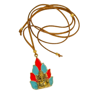 Colar com pendente de Ganesha e pétalas vermelhas e azuis