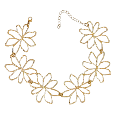 Colar dourado com flores abertas interligadas em metal