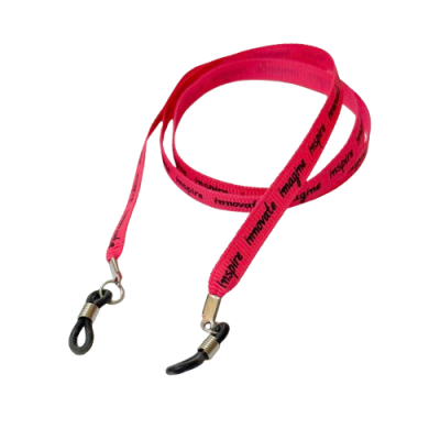 Cordão cor de rosa para óculos com frases em preto e ganchos nas extremidades