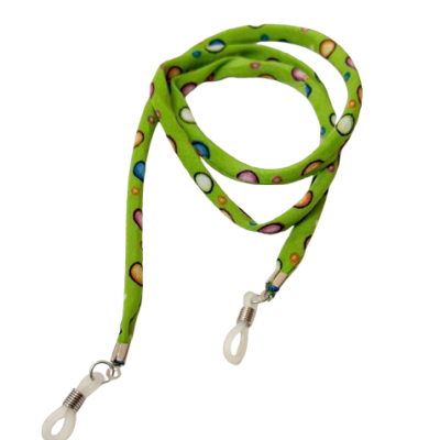 Cordão para óculos colorido em tecido verde com círculos