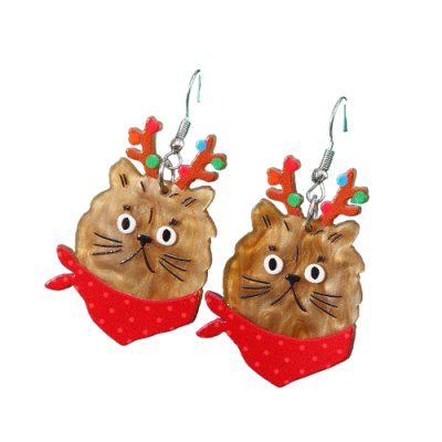 Brincos de gato com lenço vermelho e cornos de rena coloridos