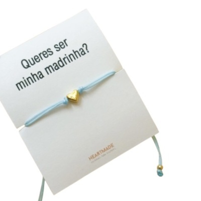 Pulseira azul claro com coração dourado e mensagem Queres ser minha madrinha?