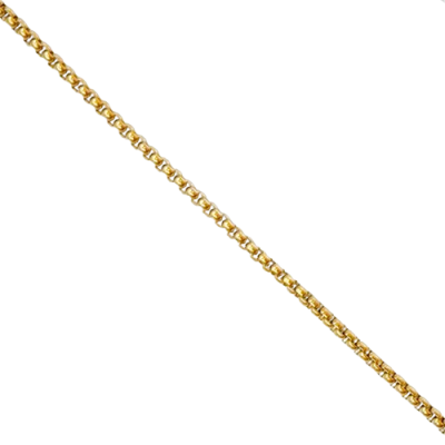 Corrente fina dourada com elos pequenos sobre fundo branco