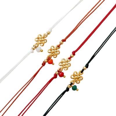 Pulseiras coloridas com pendente dourado de nó e pequeno pendente esférico colorido