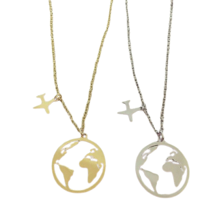 Colares metal dourado e prateado com pendentes mapa-múndi e cruz