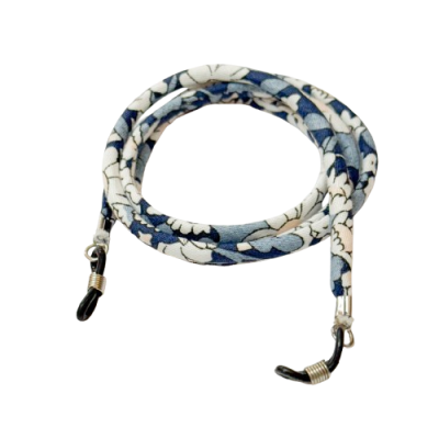 Cordão para óculos tecido com padrão floral azul e branco