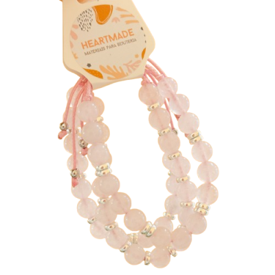 Pulseiras de contas rosadas translúcidas com espaçadores metálicos prateados, em cartão HEARTMADE