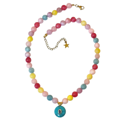 colar colorido com contas e pendente azul turquesa