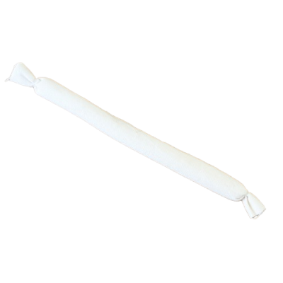 enchido branco embalado em plástico com extremidades torcidas