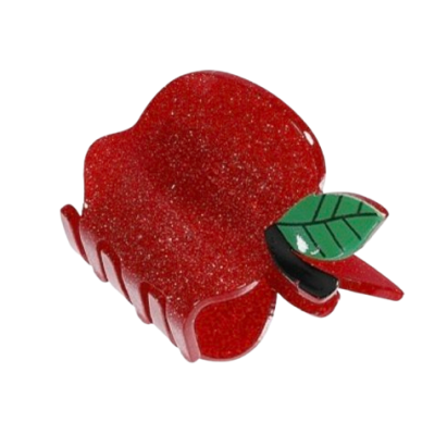 Presilha de cabelo vermelha em forma de maçã com brilho e folha verde