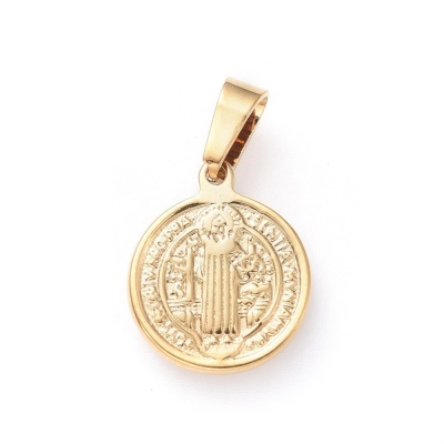 medalha pendente redonda dourada com figura e texto em relevo