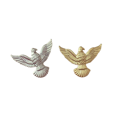 Dois broches em forma de águia, um prateado e outro dourado.