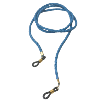 Cordão azul trançado com ponteiras douradas e presilhas pretas