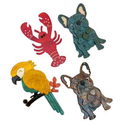 Ímanes decorativos de lagosta, dois cães e papagaio coloridos em relevo