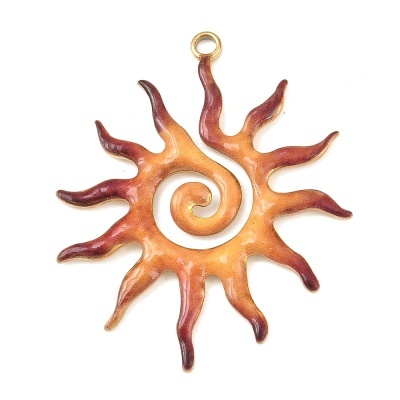 Pendente metálico em forma de sol com espiral e acabamento esmalte castanho
