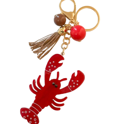 Porta-chaves com lagosta acrílica vermelha, contas coloridas e tassel castanho