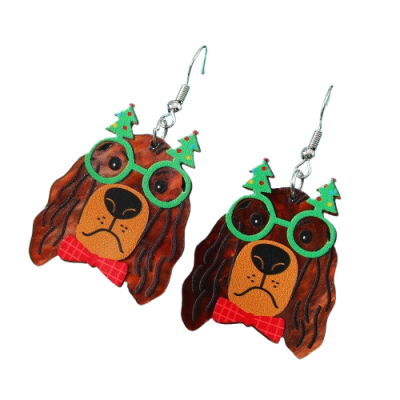 Brincos de cabeça de cão com óculos de Natal e laço vermelho
