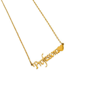 Colar dourado com pendente Professora em letra cursiva e coração