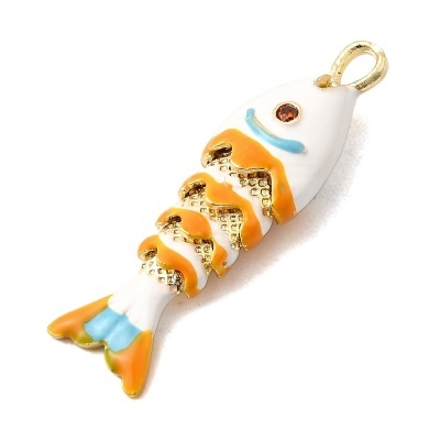 Pendente esmaltado em forma de peixe com cores branco, laranja, azul e dourado