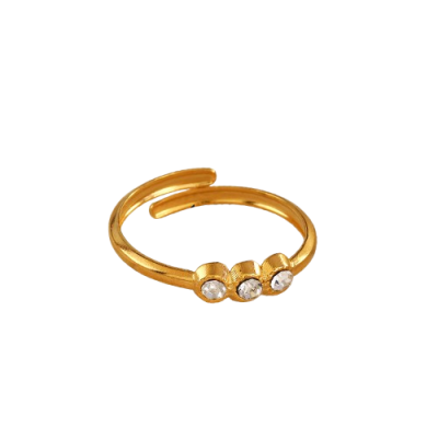 Anel aberto dourado com três pedras transparentes