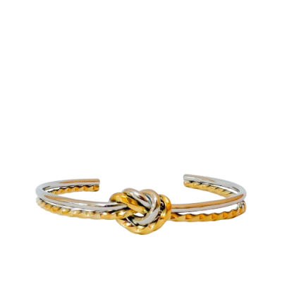 Pulseira bicolor aberta com nó central em prata e dourado