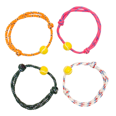 Pulseiras de corda colorida com contas amarelas que imitam bolas de ténis