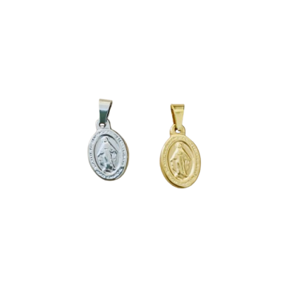 duas medalhas ovais metalicas, uma prata e outra dourada, com figura religiosa em relevo