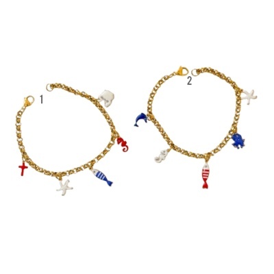 Duas pulseiras douradas com pendentes marinhos coloridos e números 1 e 2