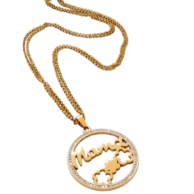 Colar dourado com pendente redondo e palavra Mamá