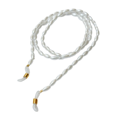 Cordão para óculos de pérolas brancas com detalhes dourados