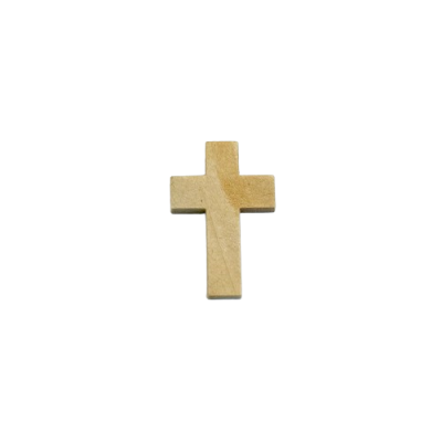 Cruz pequena em madeira clara sobre fundo preto