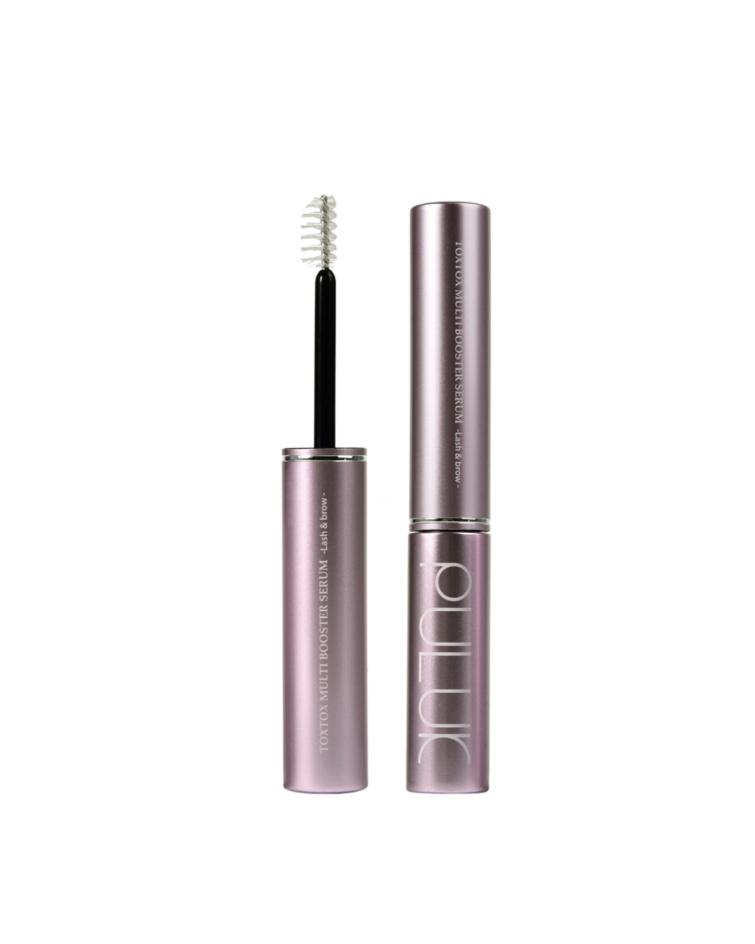 Sérum Pestanas e Sobrancelhas - Toxtox Multi Booster PULUK Dois frascos metálicos cor de rosa de sérum para pestanas e sobrancelhas, um aberto com escova e outro fechado.