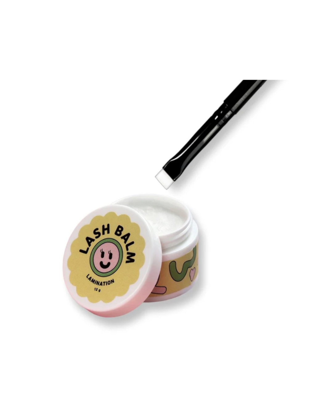 Lash Balm Lamination – Bálsamo Fixador e Nutritivo Sem Cola Bálsamo para pestanas em embalagem branca com tampa amarela e escova preta