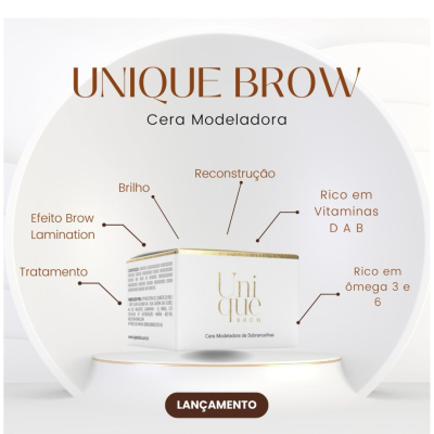 Cera modeladora para sobrancelhas Unique Brow em embalagem branca com texto explicativo
