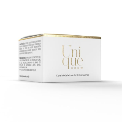 Caixa branca com detalhes em dourado, cera modeladora de sobrancelhas Unique Brow