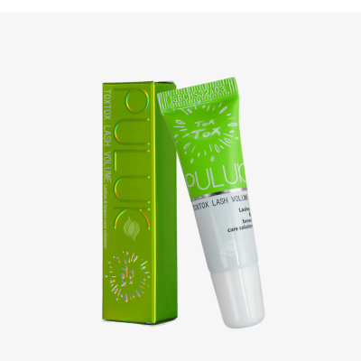 Tubo e caixa verdes e brancos do produto para pestanas e sobrancelhas CULUKA TOXTOX LASH VOLUME.