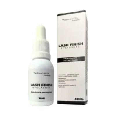 Frasco branco com conta-gotas e embalagem branca do produto Lash Finish Eyelashes