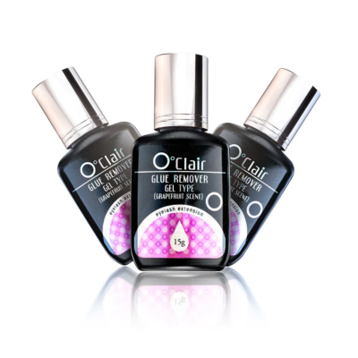 Frascos pretos O'Clair removedor de cola gel para pestanas com tampa prateada e etiqueta roxa