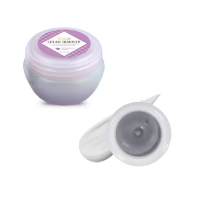 Frasco branco com tampa roxa e aplicador de creme cinza