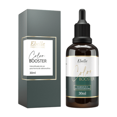 Frasco de vidro com conta-gotas e caixa do produto Ebelle Color Booster