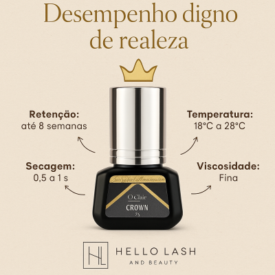 Frasco preto com tampa prateada de produto para pestanas O Clair Crown 75 com texto explicativo no fundo creme