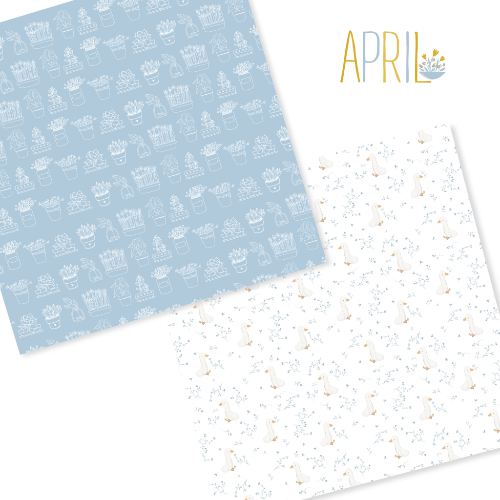 Dois padrões decorativos com tema de bolos e coelhos sob o texto 'APRIL'