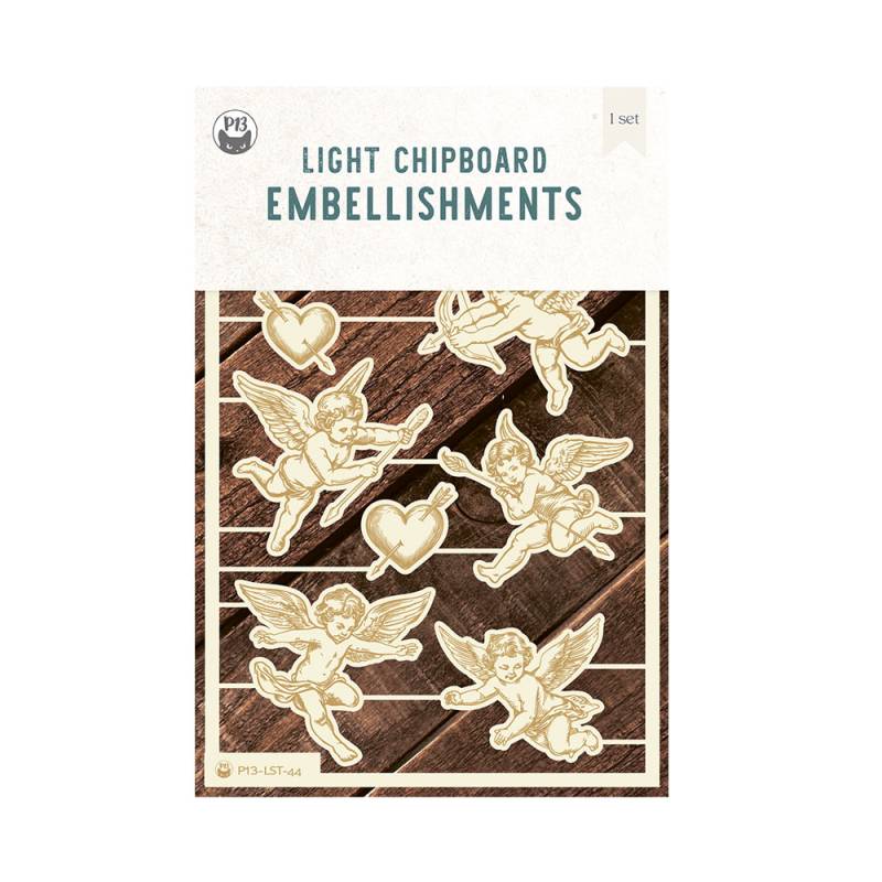 Embelezamentos de chipboard claro com anjos e corações em embalagem