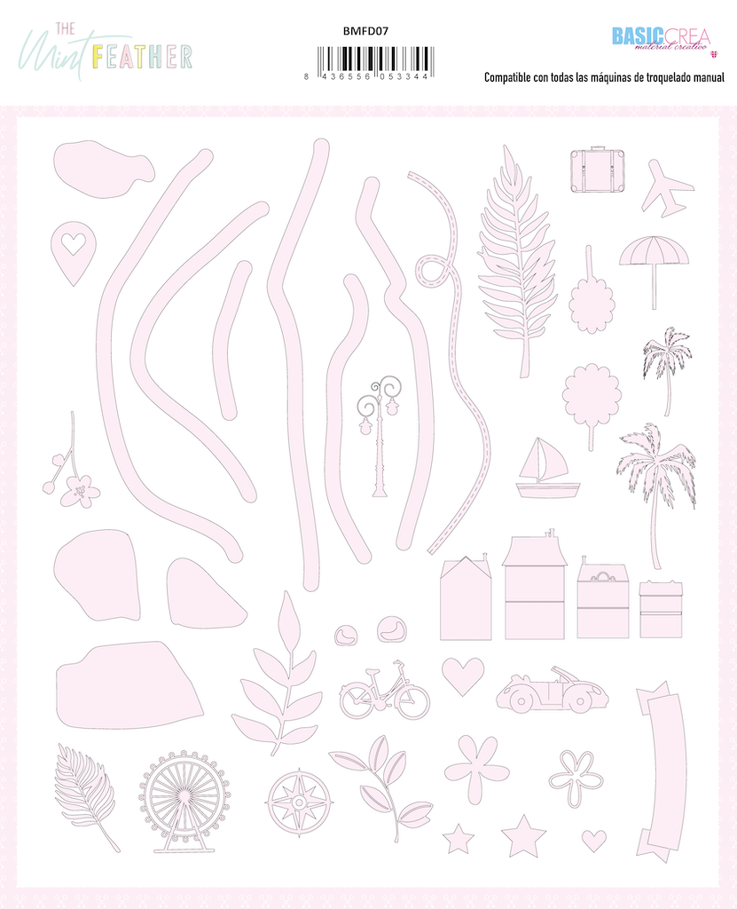 Molde de formas diversas para corte em papel cor-de-rosa claro com elementos decorativos e texto