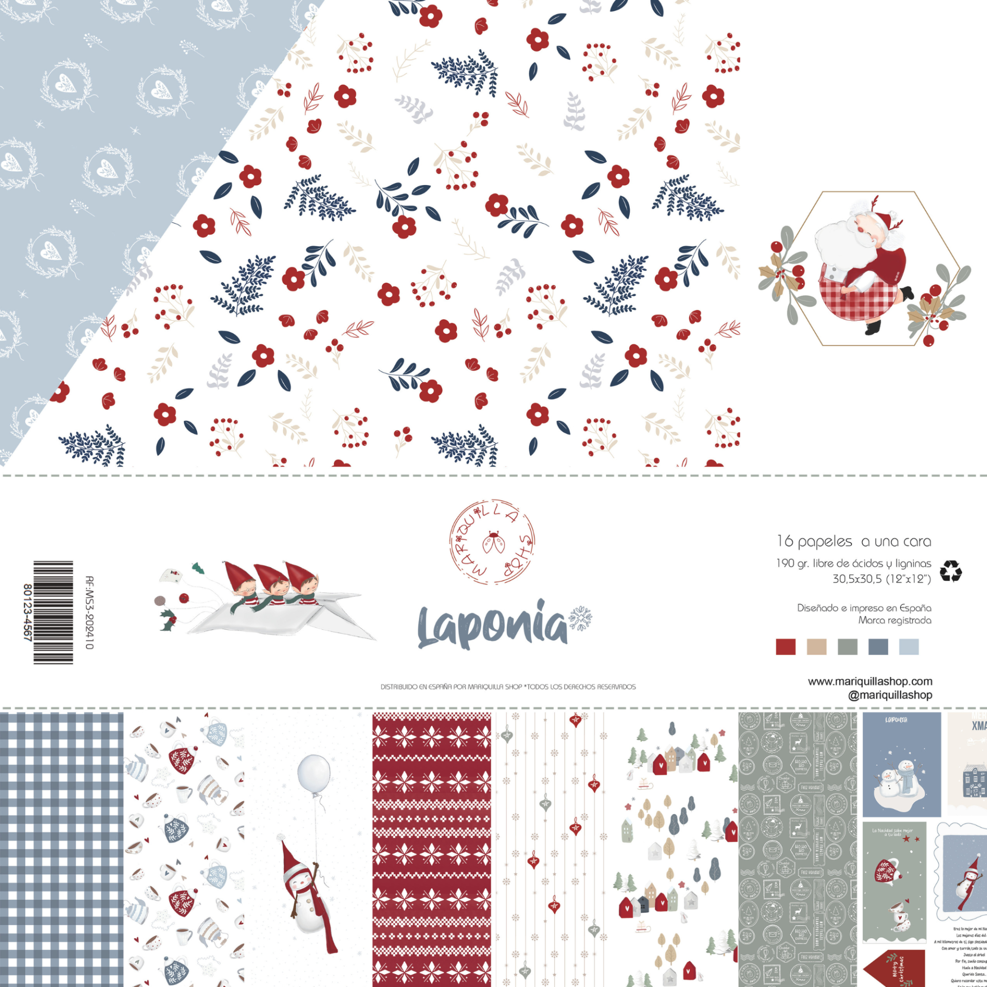 Papéis decorativos natalícios com vários padrões e o texto Laponia