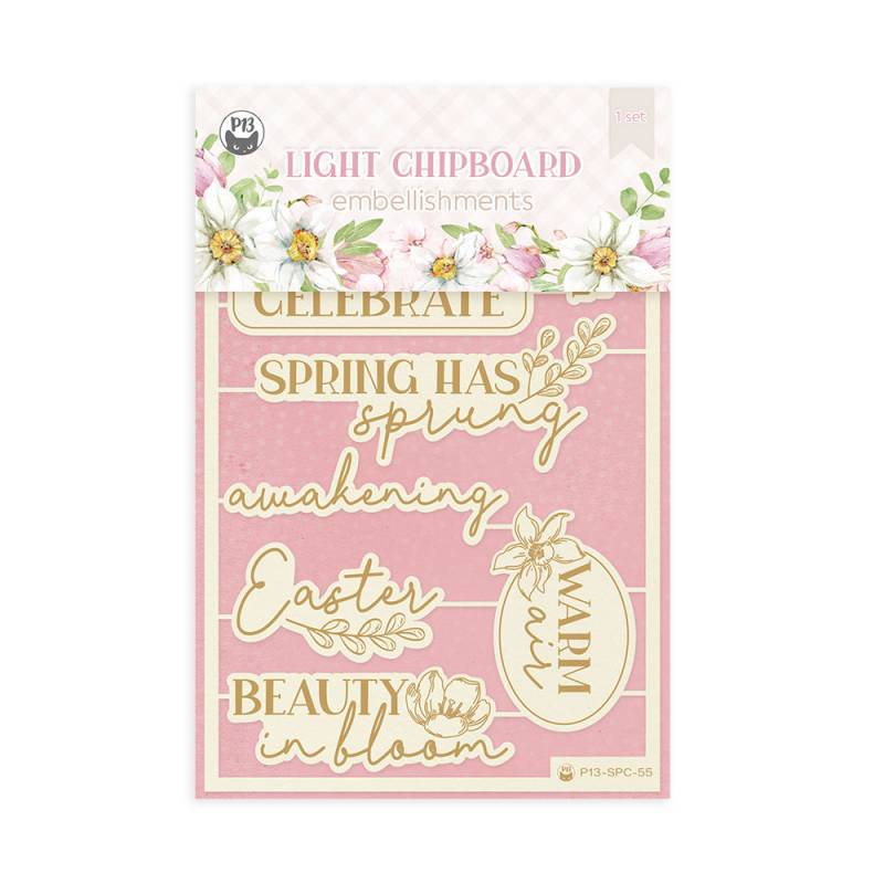 embellishments chipboard claro com frases douradas e flores