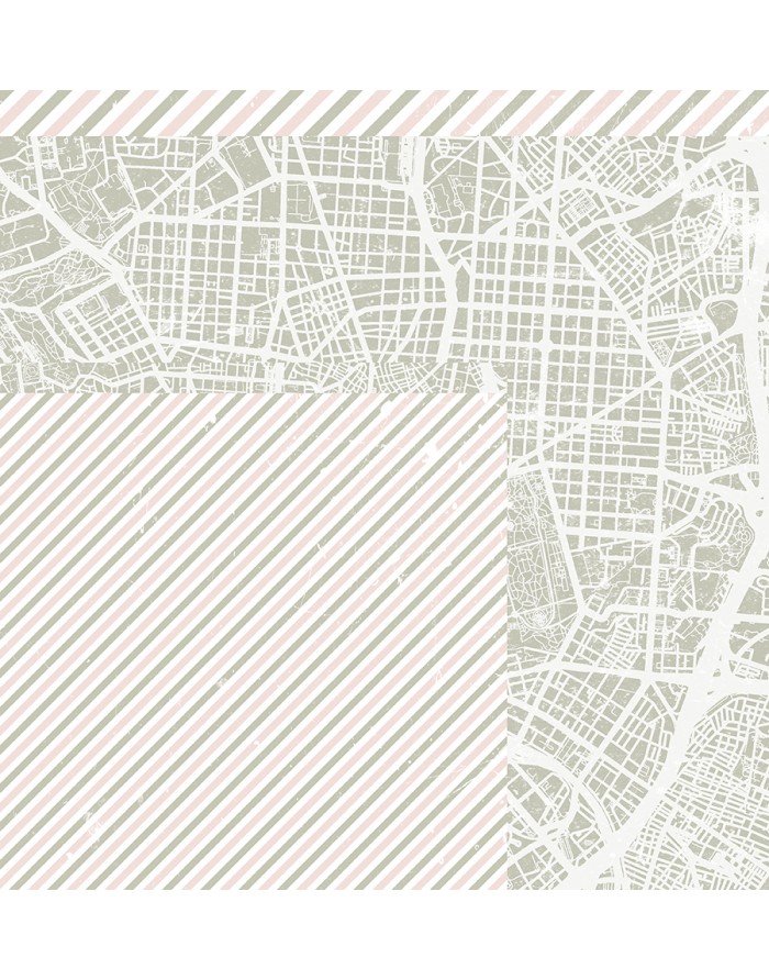 Padrão dividido com mapa urbano e listras diagonais em tons claros
