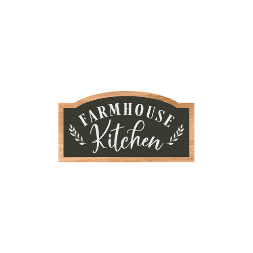 Placa decorativa com texto FARMHOUSE Kitchen em fundo preto e moldura de madeira